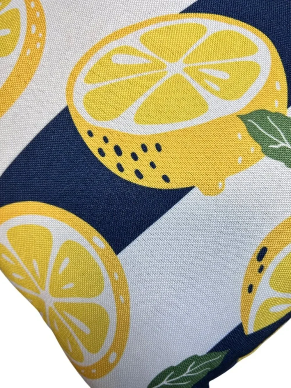 Lemon Print Throw Pillow - Yellow & Green On Navy Stripes - Indoor/Outdoor Decor
